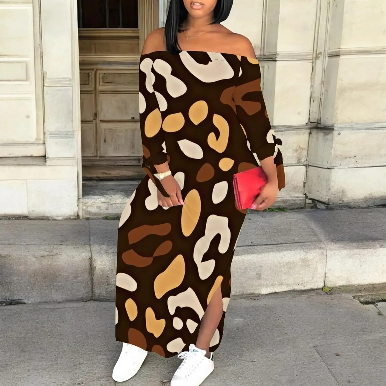 Women's Off Shoulder Maxi Dress Leopard Summer Casual Loose Long Sleeve Side Slit Dresses Sexy T Shirt Beach Long Sundress