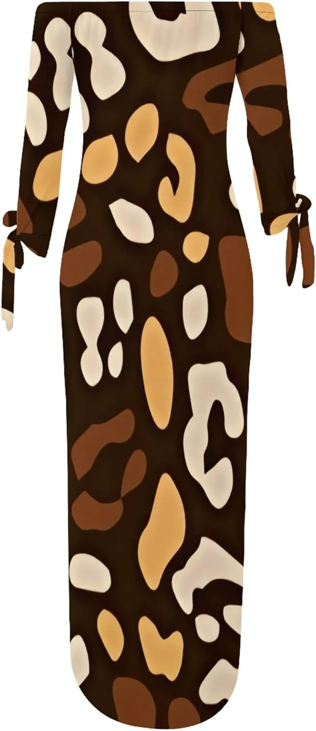Women's Off Shoulder Maxi Dress Leopard Summer Casual Loose Long Sleeve Side Slit Dresses Sexy T Shirt Beach Long Sundress
