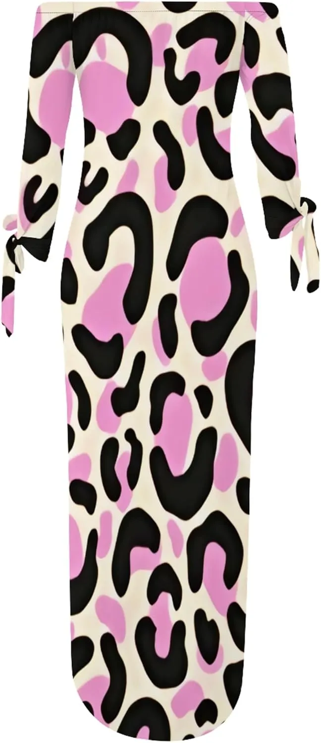 Women's Off Shoulder Maxi Dress Leopard Summer Casual Loose Long Sleeve Side Slit Dresses Sexy T Shirt Beach Long Sundress