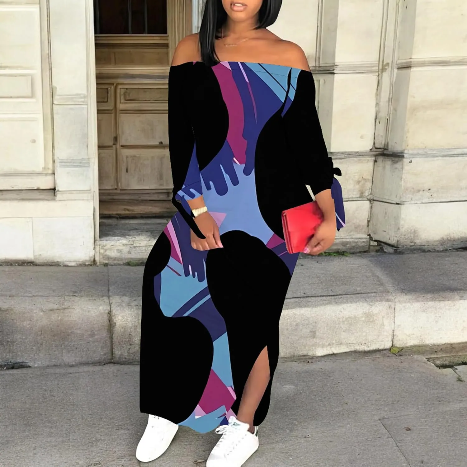 Women's Off Shoulder Maxi Dress Leopard Summer Casual Loose Long Sleeve Side Slit Dresses Sexy T Shirt Beach Long Sundress