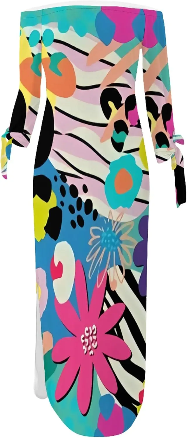 Women's Off Shoulder Maxi Dress Leopard Summer Casual Loose Long Sleeve Side Slit Dresses Sexy T Shirt Beach Long Sundress