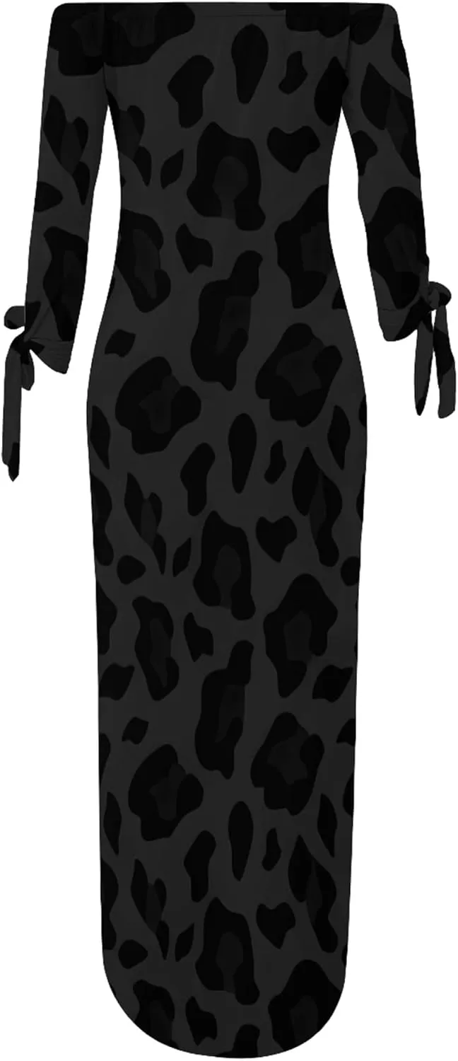 Women's Off Shoulder Maxi Dress Leopard Summer Casual Loose Long Sleeve Side Slit Dresses Sexy T Shirt Beach Long Sundress