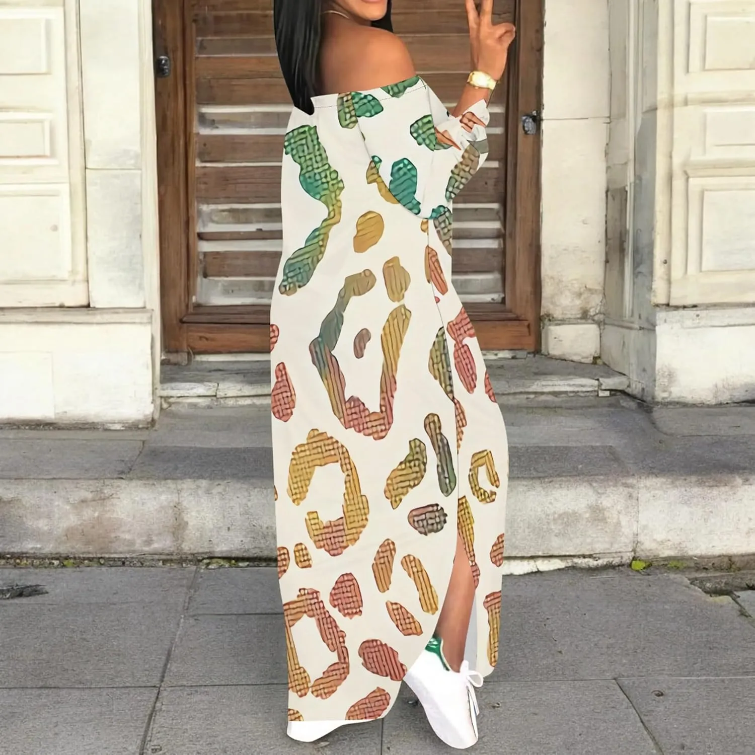 Women's Off Shoulder Maxi Dress Leopard Summer Casual Loose Long Sleeve Side Slit Dresses Sexy T Shirt Beach Long Sundress