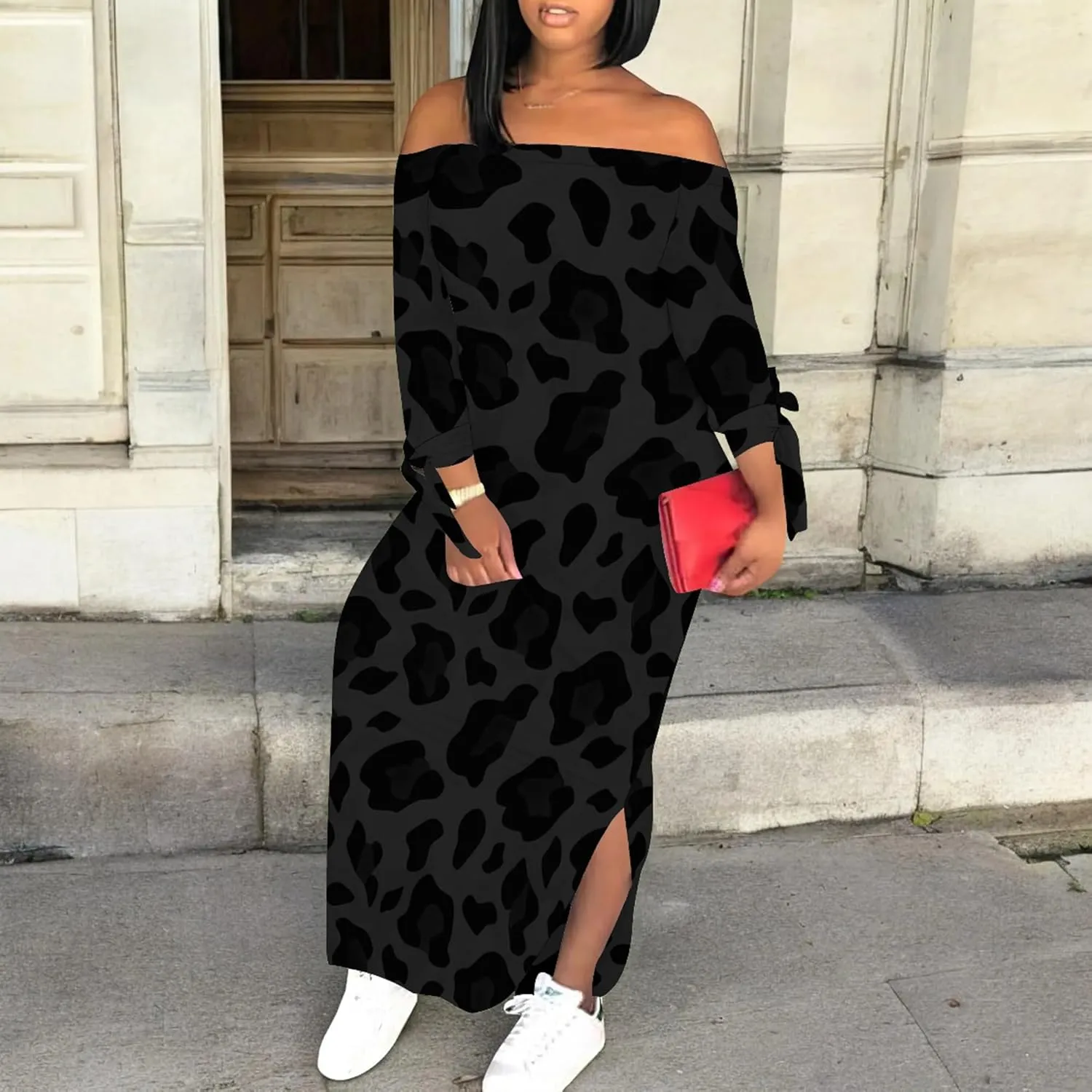 Women's Off Shoulder Maxi Dress Leopard Summer Casual Loose Long Sleeve Side Slit Dresses Sexy T Shirt Beach Long Sundress