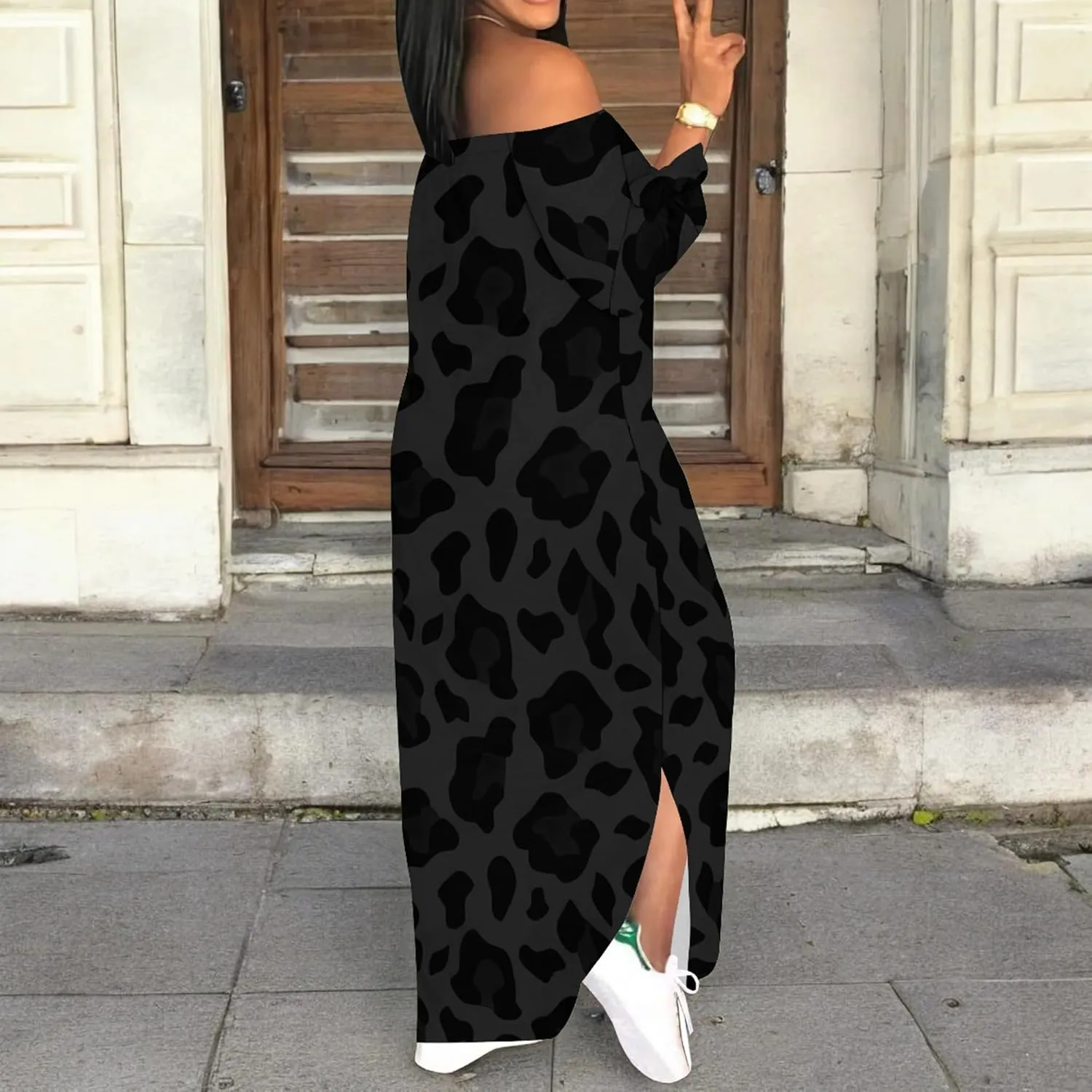 Women's Off Shoulder Maxi Dress Leopard Summer Casual Loose Long Sleeve Side Slit Dresses Sexy T Shirt Beach Long Sundress