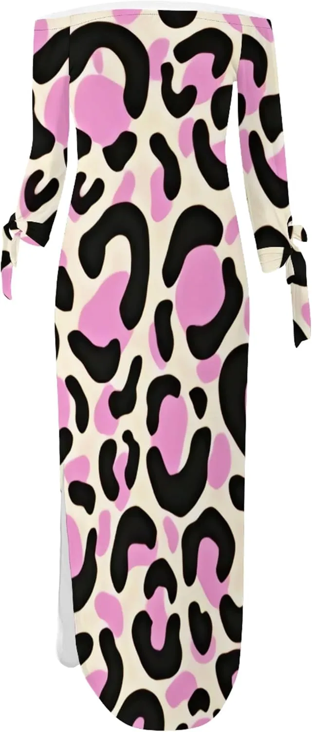 Women's Off Shoulder Maxi Dress Leopard Summer Casual Loose Long Sleeve Side Slit Dresses Sexy T Shirt Beach Long Sundress