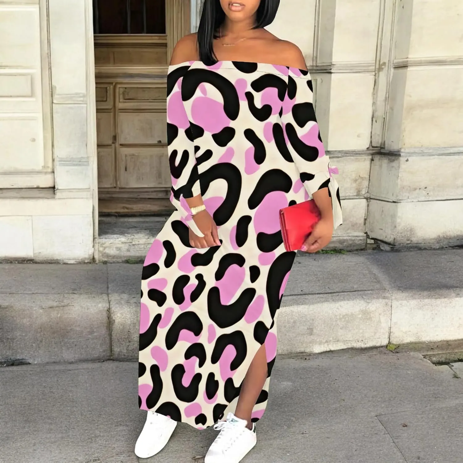 Women's Off Shoulder Maxi Dress Leopard Summer Casual Loose Long Sleeve Side Slit Dresses Sexy T Shirt Beach Long Sundress