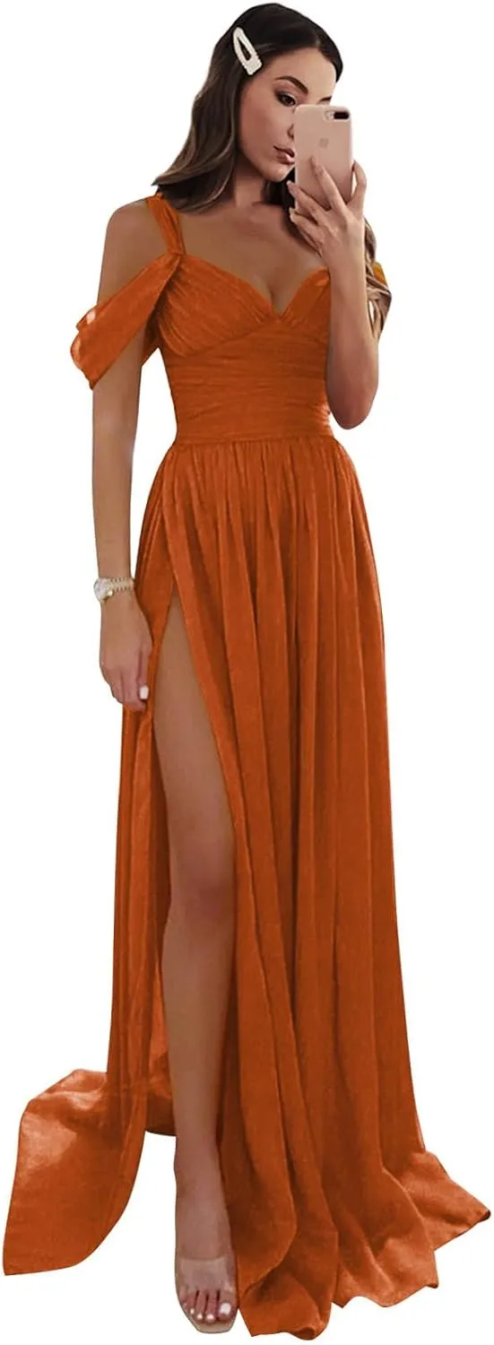 Women's Off The Shoulder Bridesmaid Dresses Long Slit Chiffon Pleated Formal Evening Gowns