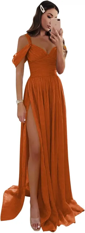 Women's Off The Shoulder Bridesmaid Dresses Long Slit Chiffon Pleated Formal Evening Gowns
