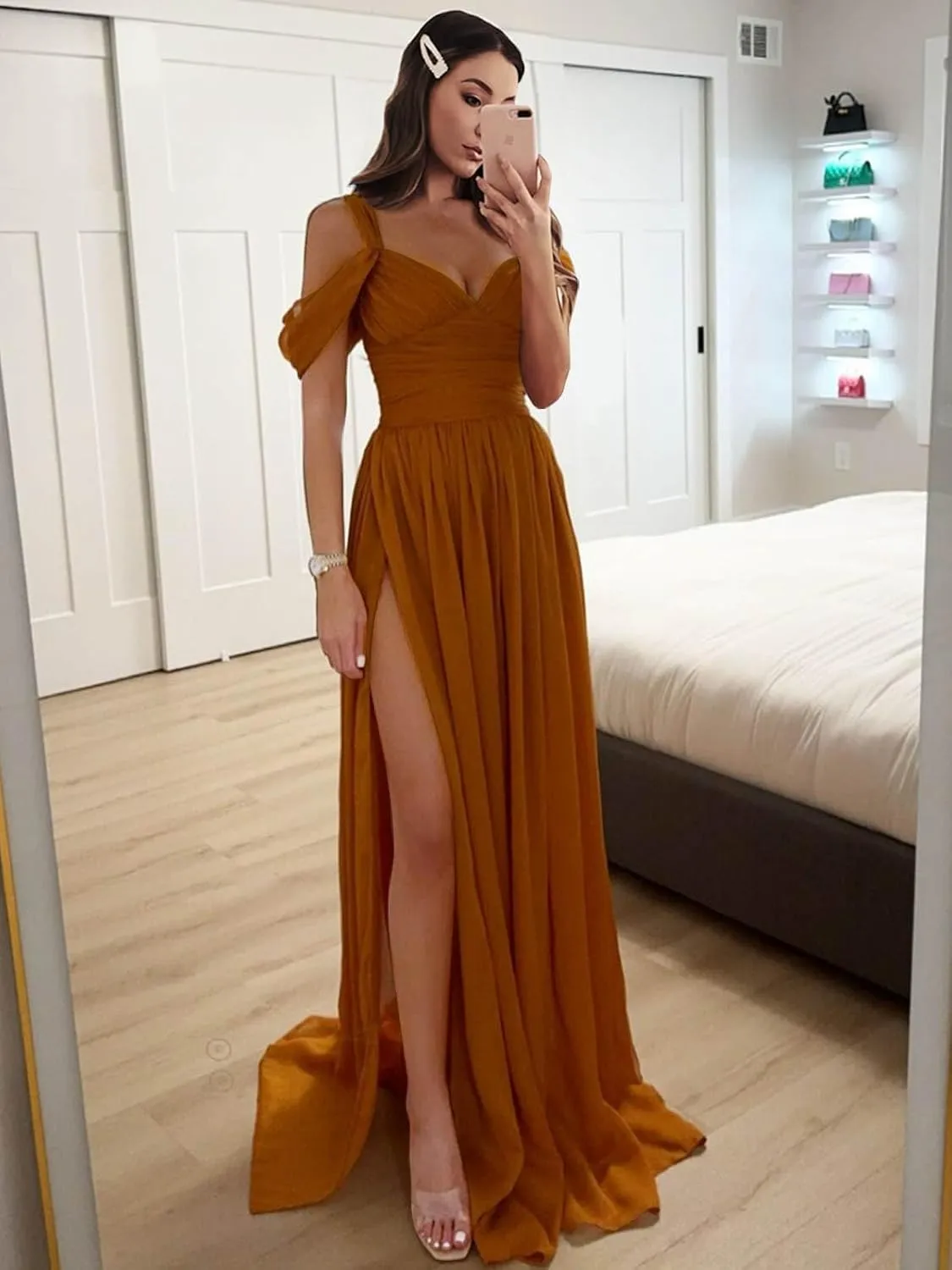 Women's Off The Shoulder Bridesmaid Dresses Long Slit Chiffon Pleated Formal Evening Gowns