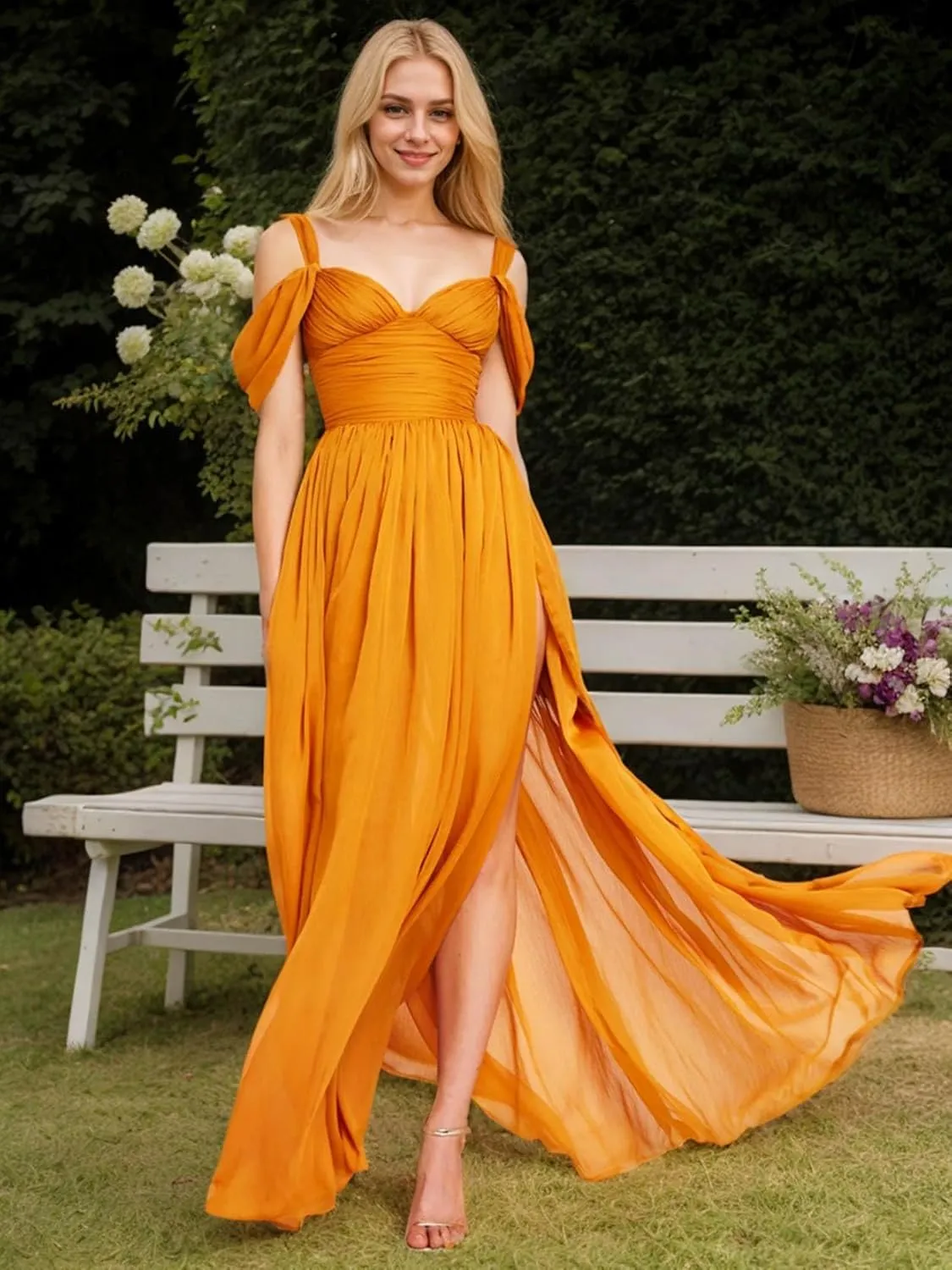 Women's Off The Shoulder Bridesmaid Dresses Long Slit Chiffon Pleated Formal Evening Gowns
