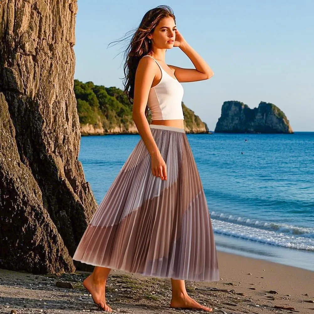 Women's Pleated Elastic Waist Midi Long Skirt A Line Women Flowy Fall Winter Skirts with Elastic Waistband Midi Skirt, Pink