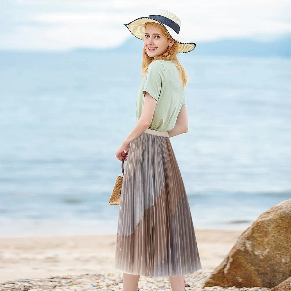 Women's Pleated Elastic Waist Midi Long Skirt A Line Women Flowy Fall Winter Skirts with Elastic Waistband Midi Skirt, Pink