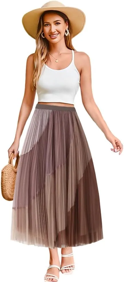 Women's Pleated Elastic Waist Midi Long Skirt A Line Women Flowy Fall Winter Skirts with Elastic Waistband Midi Skirt, Pink