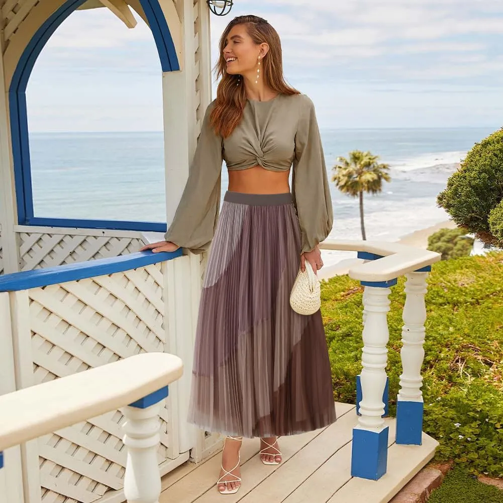 Women's Pleated Elastic Waist Midi Long Skirt A Line Women Flowy Fall Winter Skirts with Elastic Waistband Midi Skirt, Pink
