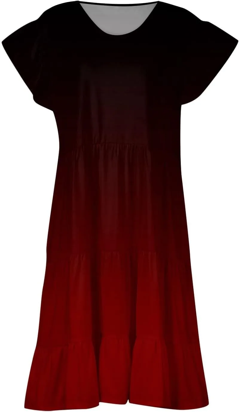 Women's Plus Size Dress V-Neck Tunic Ruffle Short Sleeve A-Line Flowy Pleated Hem Dress Gradient Color Midi Dresses