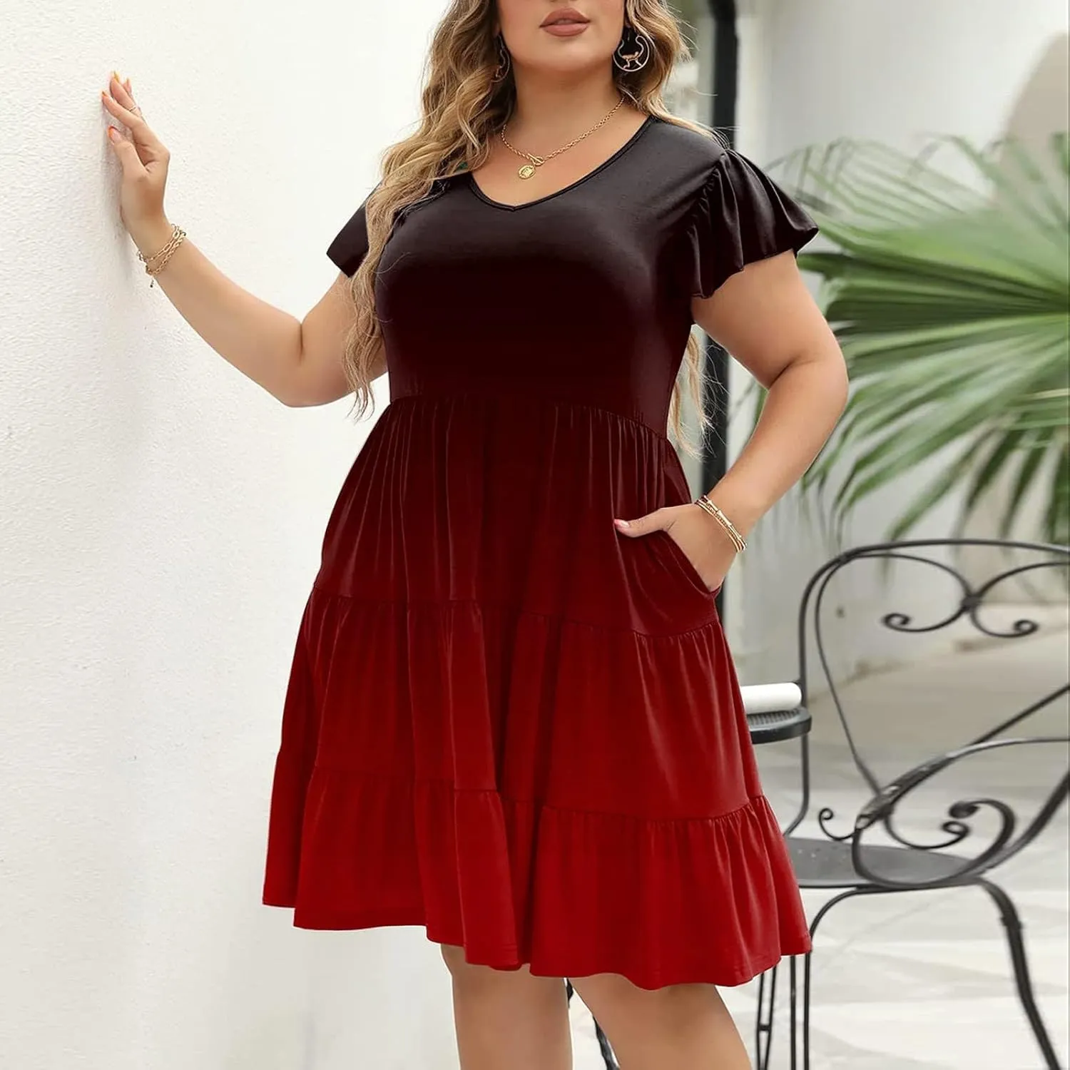Women's Plus Size Dress V-Neck Tunic Ruffle Short Sleeve A-Line Flowy Pleated Hem Dress Gradient Color Midi Dresses