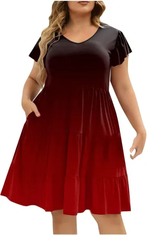 Women's Plus Size Dress V-Neck Tunic Ruffle Short Sleeve A-Line Flowy Pleated Hem Dress Gradient Color Midi Dresses