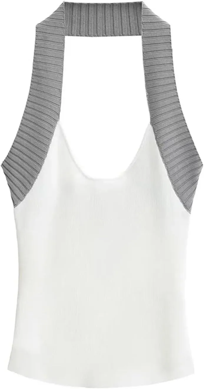 Women's Round Neck Backless Camisole Contrast Textured Straps Casual Slim Fit Tank Top