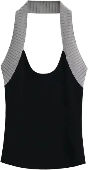 Women's Round Neck Backless Camisole Contrast Textured Straps Casual Slim Fit Tank Top