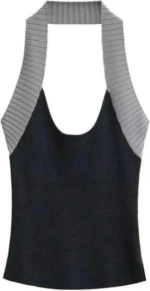 Women's Round Neck Backless Camisole Contrast Textured Straps Casual Slim Fit Tank Top