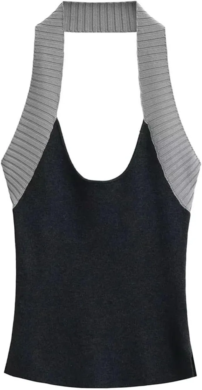 Women's Round Neck Backless Camisole Contrast Textured Straps Casual Slim Fit Tank Top