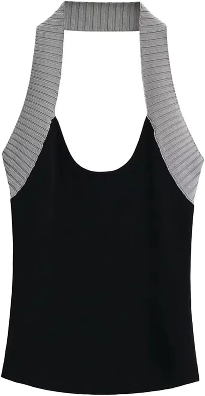 Women's Round Neck Backless Camisole Contrast Textured Straps Casual Slim Fit Tank Top