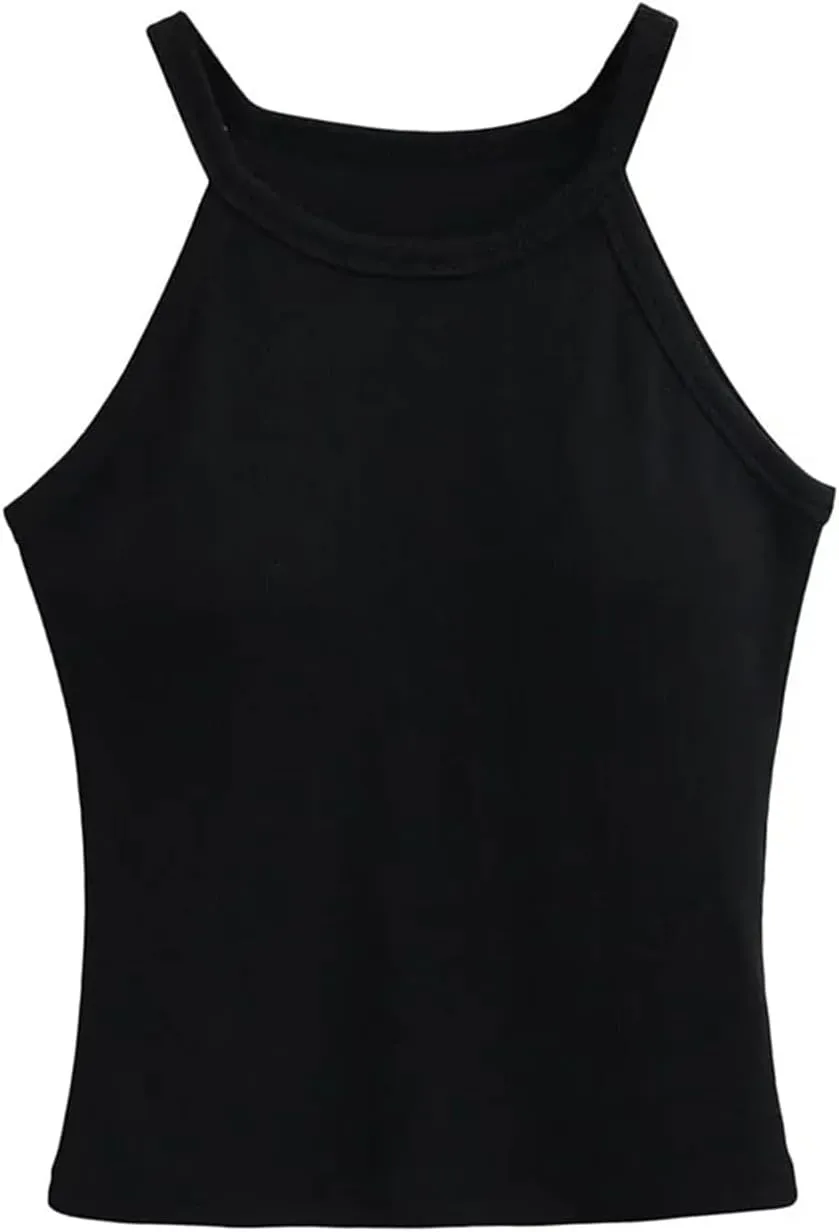 Women's Round Neck Camisole Ribbed Slim Fit Summer Casual Solid Color Tank Top