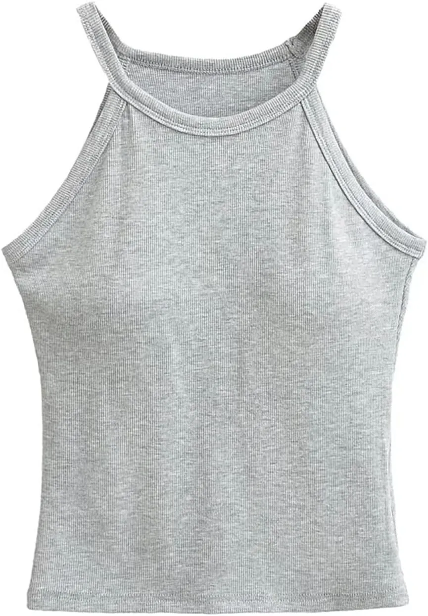 Women's Round Neck Camisole Ribbed Slim Fit Summer Casual Solid Color Tank Top