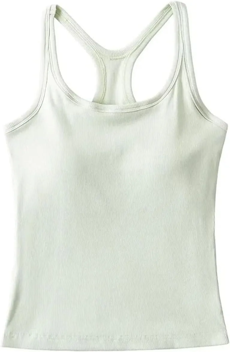 Women's Round Neck Racerback Tank Top Built-in Chest Pads Casual Slim Fit Camisole