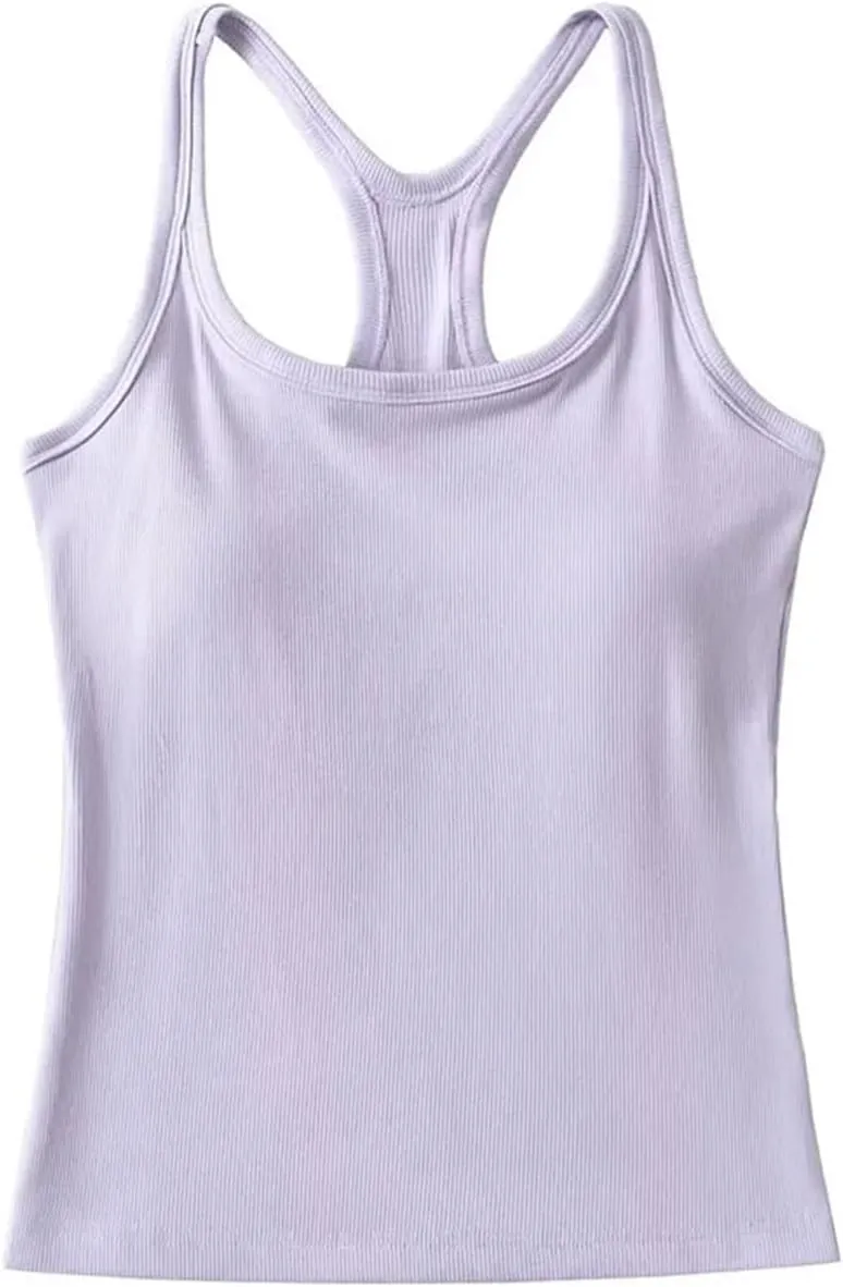 Women's Round Neck Racerback Tank Top Built-in Chest Pads Casual Slim Fit Camisole