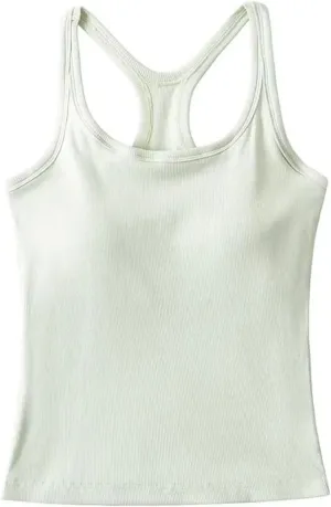 Women's Round Neck Racerback Tank Top Built-in Chest Pads Casual Slim Fit Camisole