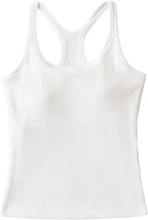 Women's Round Neck Racerback Tank Top Built-in Chest Pads Casual Slim Fit Camisole