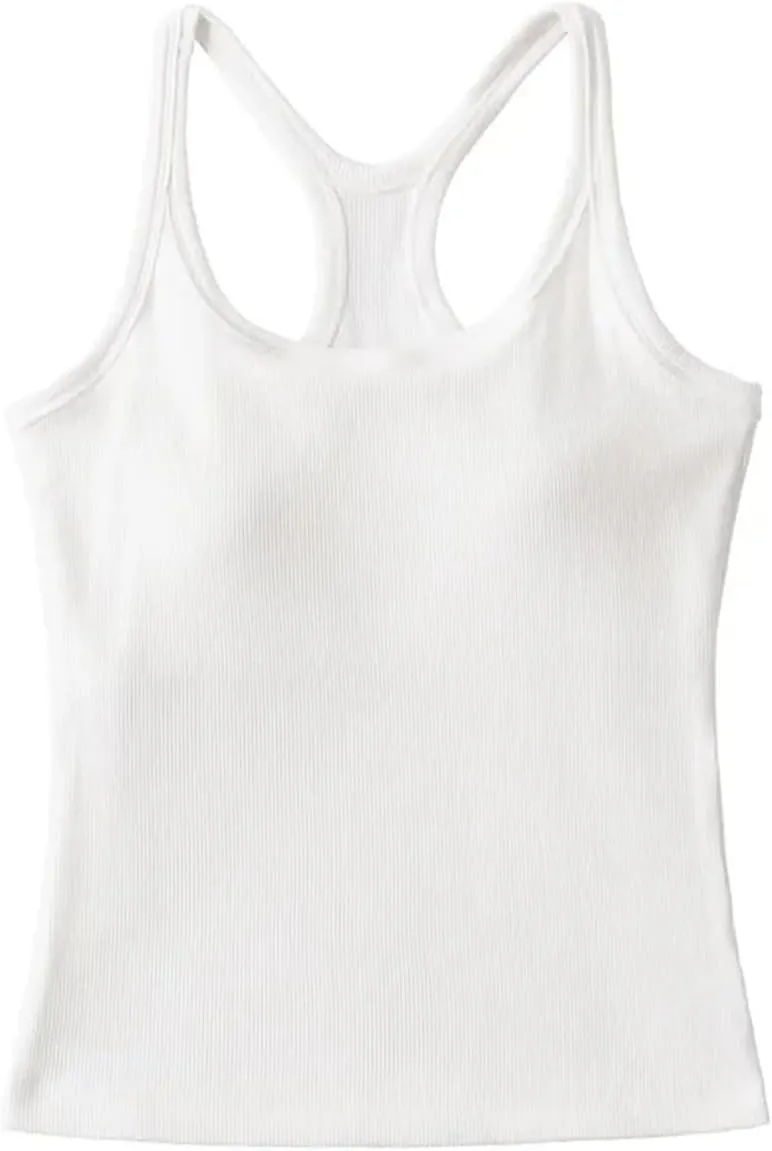 Women's Round Neck Racerback Tank Top Built-in Chest Pads Casual Slim Fit Camisole