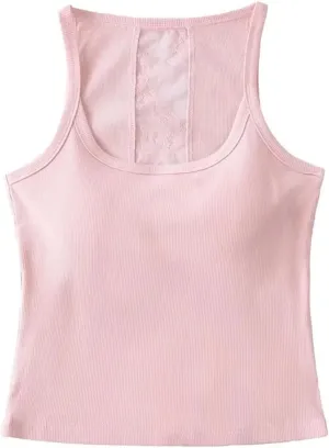 Women's Round Neck Sleeveless Top Lace Back Built-in Chest Pad Summer Slim Casual Camisole