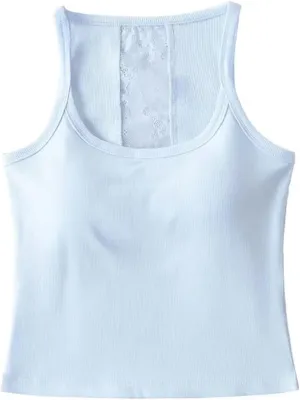 Women's Round Neck Sleeveless Top Lace Back Built-in Chest Pad Summer Slim Casual Camisole