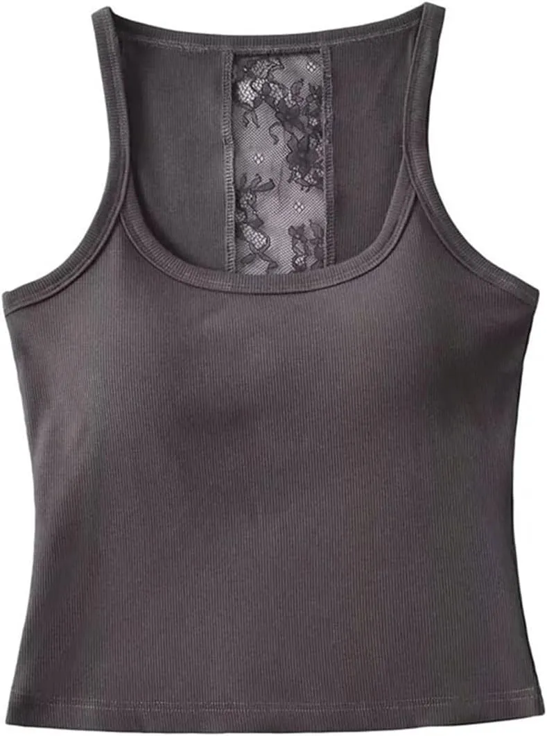 Women's Round Neck Sleeveless Top Lace Back Built-in Chest Pad Summer Slim Casual Camisole