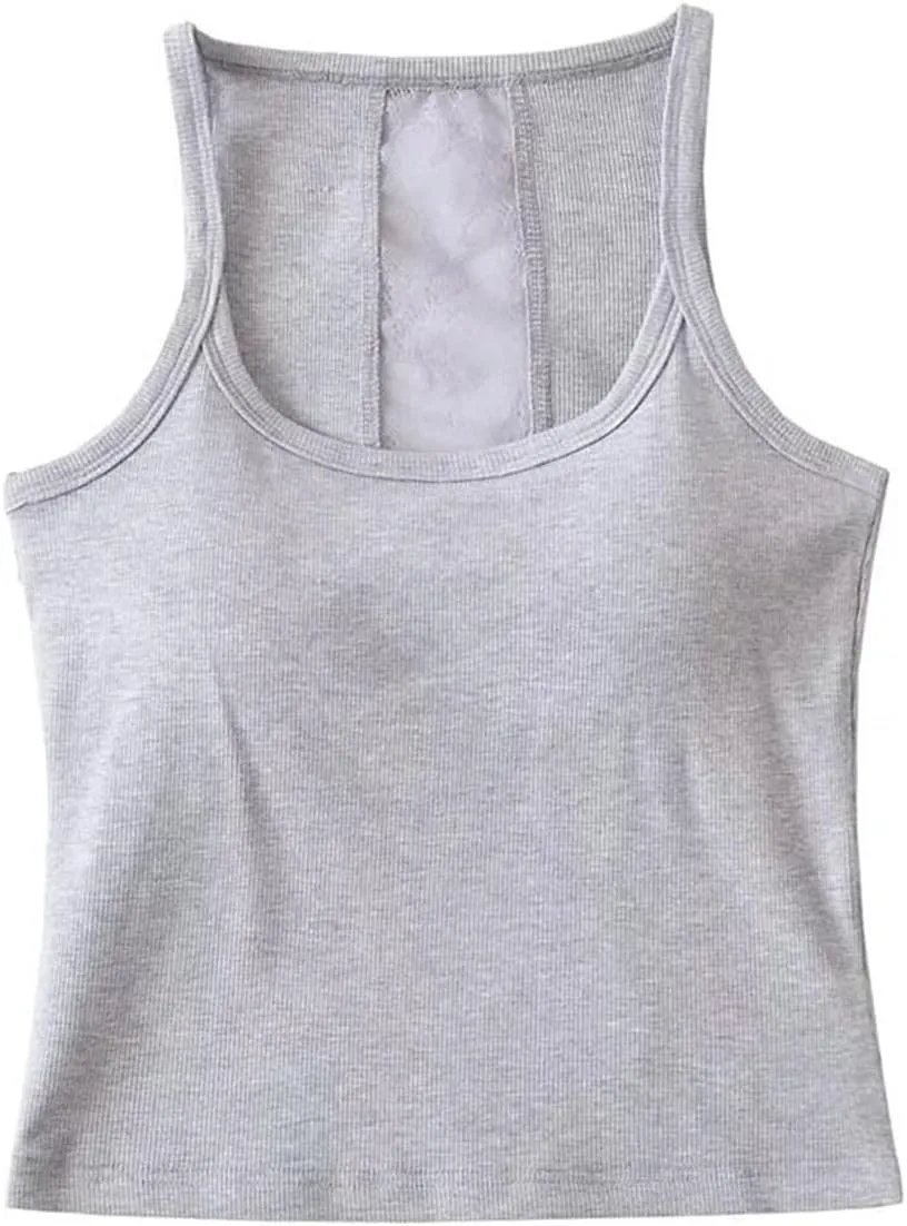 Women's Round Neck Sleeveless Top Lace Back Built-in Chest Pad Summer Slim Casual Camisole