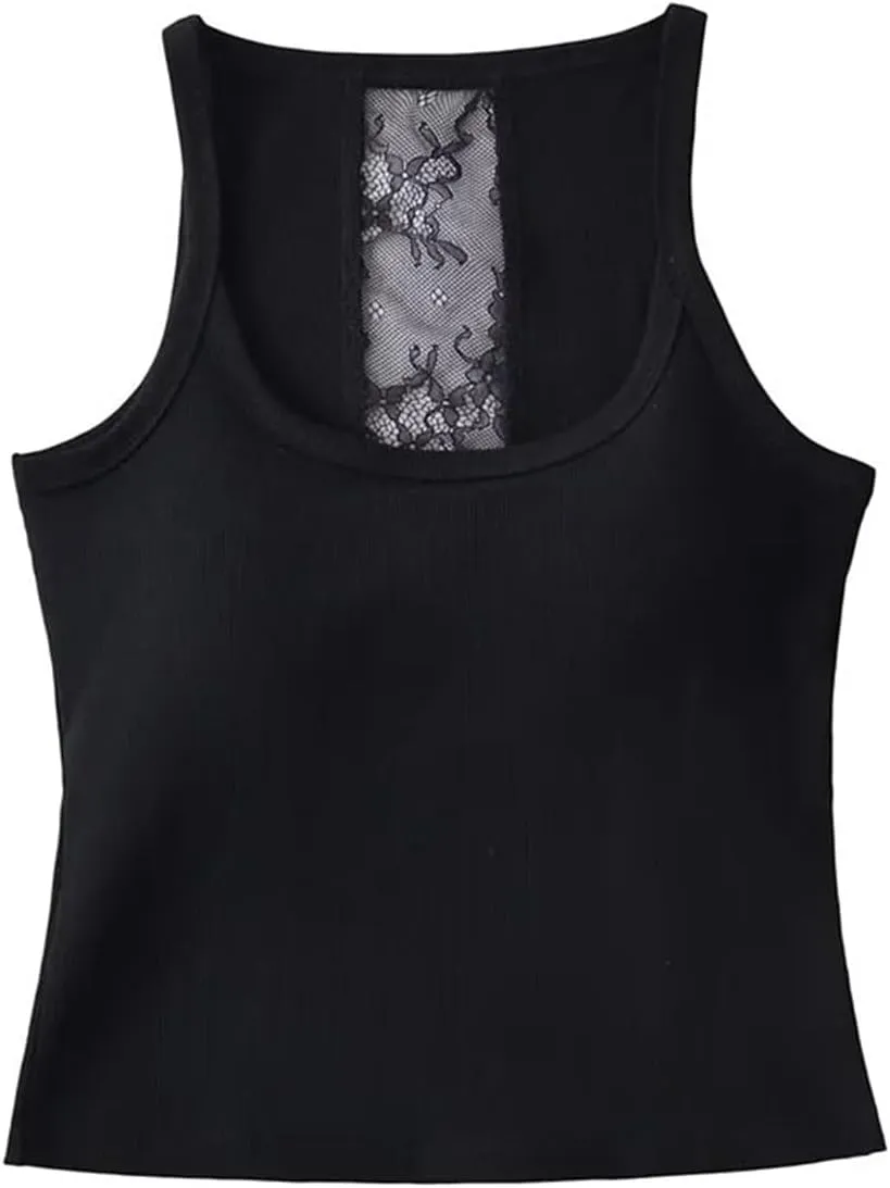 Women's Round Neck Sleeveless Top Lace Back Built-in Chest Pad Summer Slim Casual Camisole