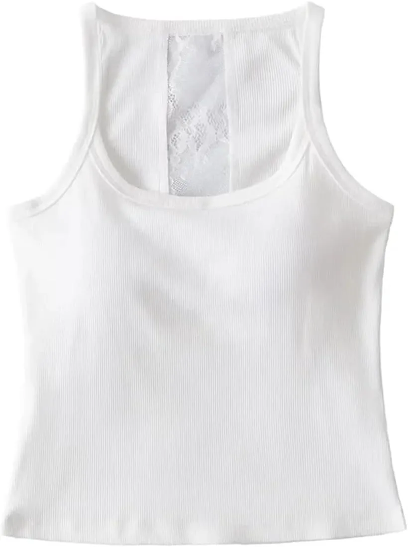Women's Round Neck Sleeveless Top Lace Back Built-in Chest Pad Summer Slim Casual Camisole