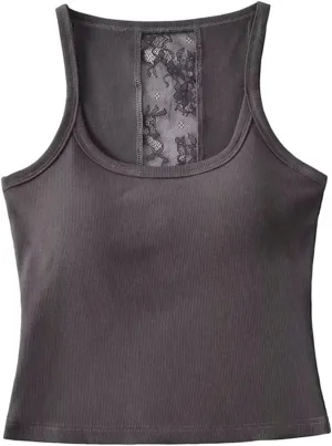 Women's Round Neck Sleeveless Top Lace Back Built-in Chest Pad Summer Slim Casual Camisole