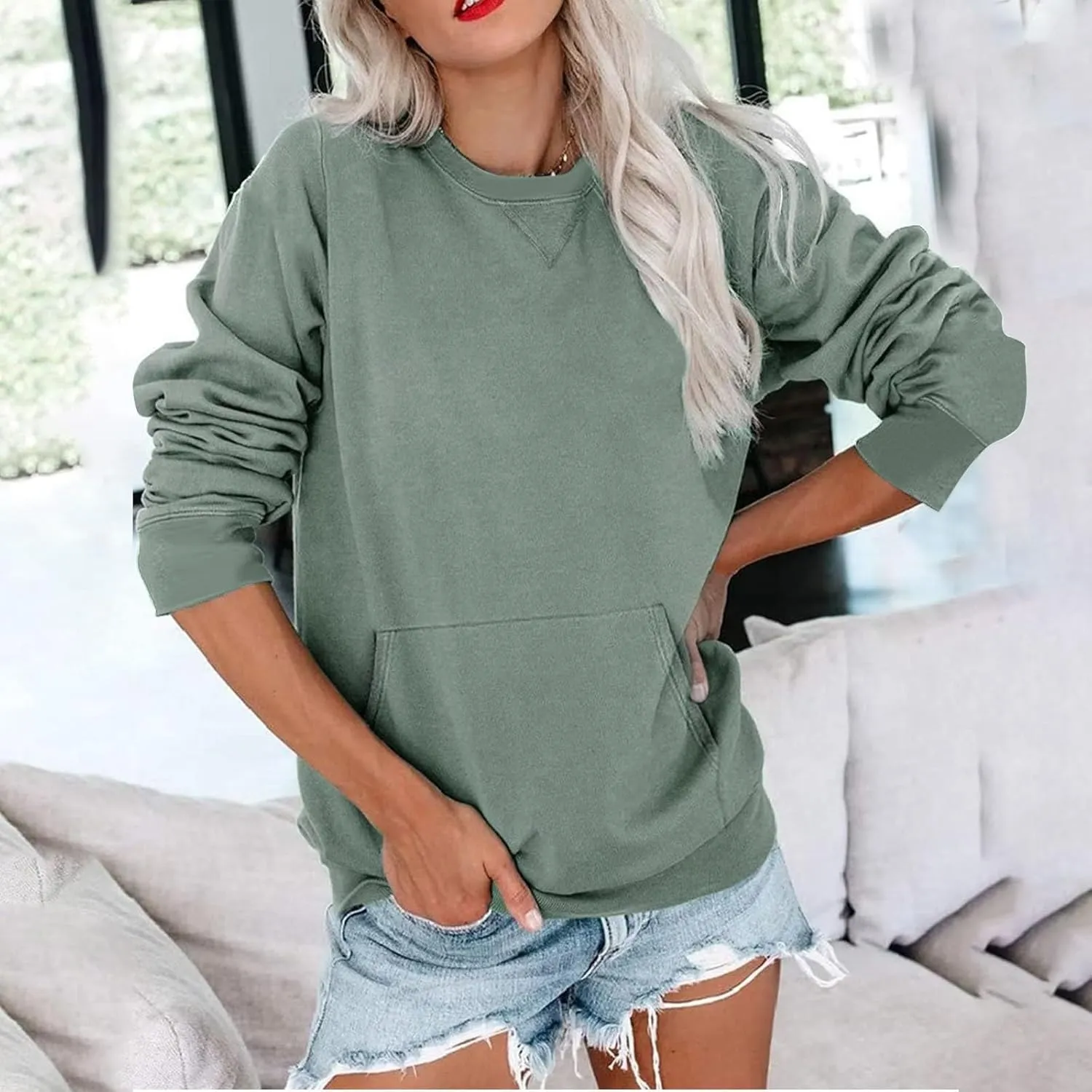 Women's Round Neck Sweatshirt Solid Plain Long Sleeve Pullover Shirts Slim Fit Tunic Comfy Casual Outfits