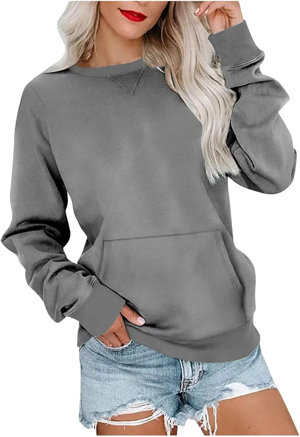 Women's Round Neck Sweatshirt Solid Plain Long Sleeve Pullover Shirts Slim Fit Tunic Comfy Casual Outfits