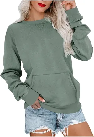 Women's Round Neck Sweatshirt Solid Plain Long Sleeve Pullover Shirts Slim Fit Tunic Comfy Casual Outfits