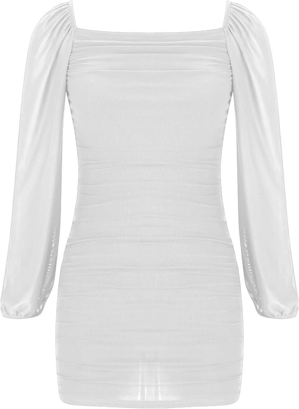Womens Ruched Bodycon Dress Dressy Square Neck Lantern Long Sleeve Stretch Mesh Slim Fit Party Cocktail Mini Dresses