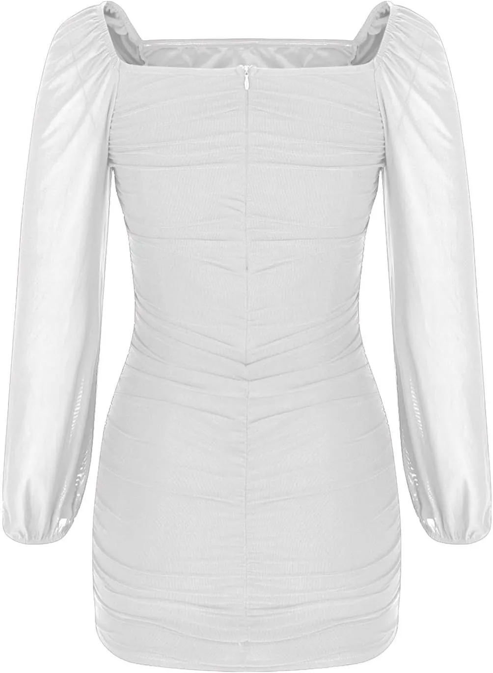 Womens Ruched Bodycon Dress Dressy Square Neck Lantern Long Sleeve Stretch Mesh Slim Fit Party Cocktail Mini Dresses