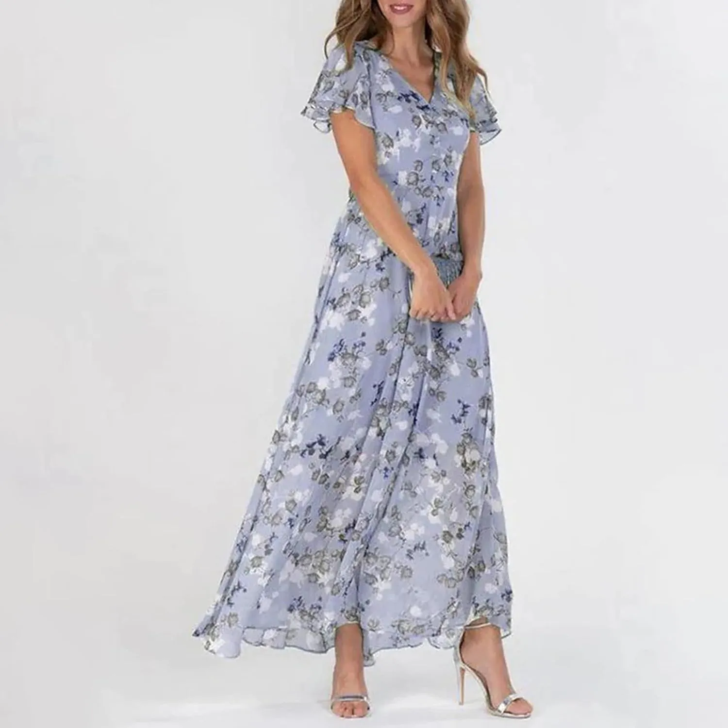 Womens Ruffle Sleeve Summer Dresses 2024 Elegant Chiffon Dresses Floral Wrap V Neck Maxi Dress Boho Beach Flowy Dress