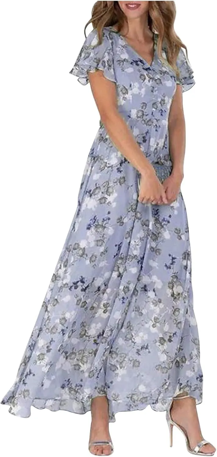 Womens Ruffle Sleeve Summer Dresses 2024 Elegant Chiffon Dresses Floral Wrap V Neck Maxi Dress Boho Beach Flowy Dress
