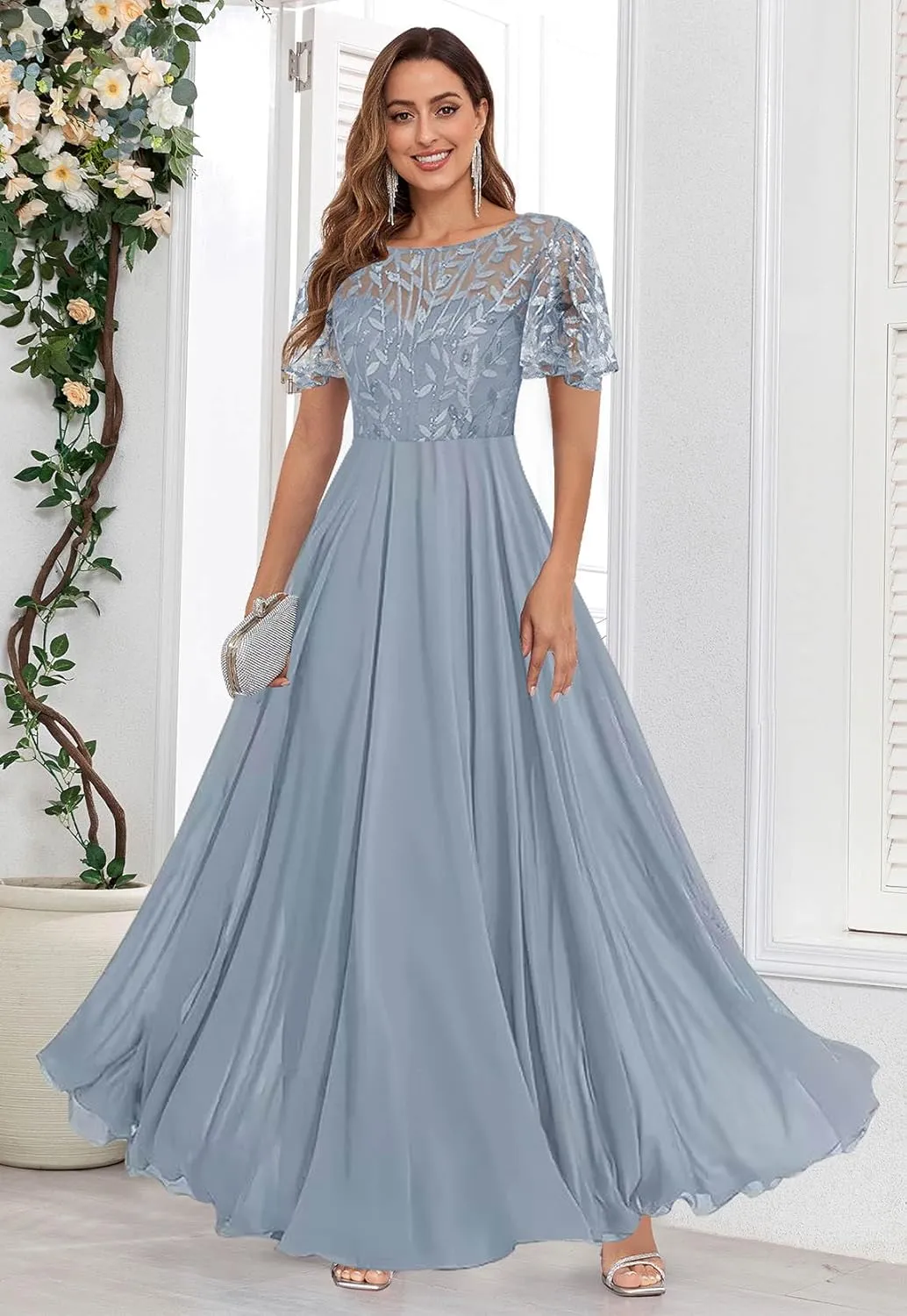 Women's Sequin Lace Mother of The Bride Dresses for Wedding Short Sleeve Formal Evening Gowns with Pockets