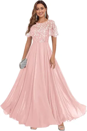 Women's Sequin Lace Mother of The Bride Dresses for Wedding Short Sleeve Formal Evening Gowns with Pockets